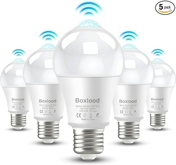 Motion Sensor Light Bulbs, 12W Motion Activated Dusk to Dawn Outdoor Light Bulb (100Watt Equivalent) A19 E26 3000K Warm White for Outdoor Indoor Front Door Porch Garage Basement Hallway, 5 Pack
