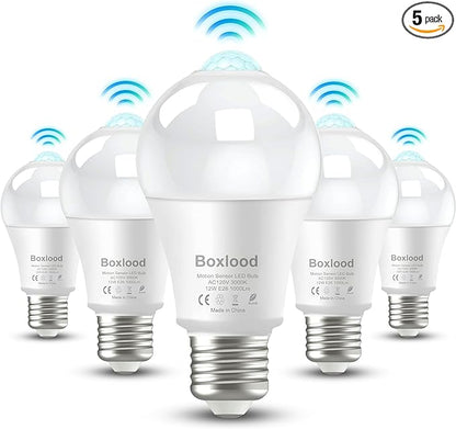 Motion Sensor Light Bulbs, 12W Motion Activated Dusk to Dawn Outdoor Light Bulb (100Watt Equivalent) A19 E26 3000K Warm White for Outdoor Indoor Front Door Porch Garage Basement Hallway, 5 Pack