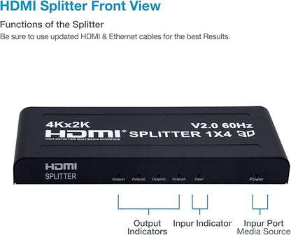 1x4 HDMI Splitter | 4 Port | 1 in - 4 Out | Ultra HD 4K/2K @ 60Hz (60 fps), HDR | HDMI 2.0, HDCP 2.2 | Full HD/3D | 1080P | DTS | Digital Sound | Direct TV | 18 Gbps