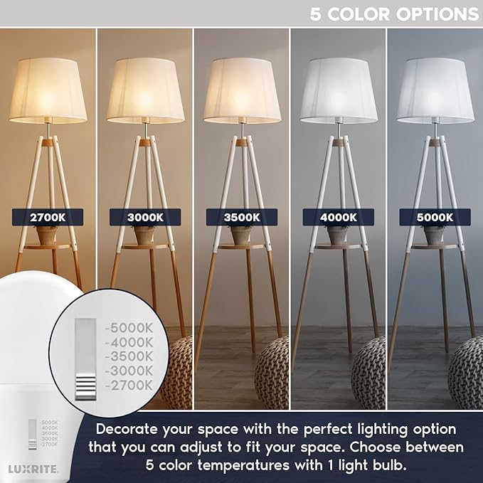 LUXRITE A19 LED Light Bulb 75 Watt Equivalent, CRI90, 5CCT Selectable 2700K 3000K 3500K 4000K 5000K, Dimmable, 1100LM, Standard LED Light Bulbs 11W, E26 Medium Base, ETL - Indoor Outdoor (6 Pack)
