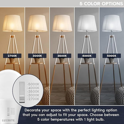 LUXRITE A19 LED Light Bulb 75 Watt Equivalent, CRI90, 5CCT Selectable 2700K 3000K 3500K 4000K 5000K, Dimmable, 1100LM, Standard LED Light Bulbs 11W, E26 Medium Base, ETL - Indoor Outdoor (6 Pack)