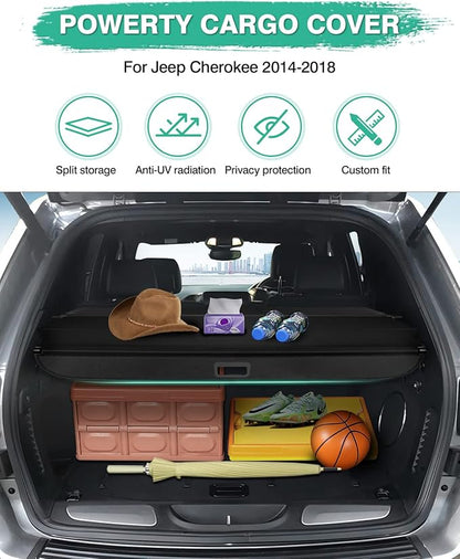 Powerty Cargo Cover for 2014 2015 2016 2017 2018 Jeep Cherokee Accessories Trunk Cover Retractable Trunk Shielding Shade Cargo Luggage Cover No Gap (Not for Jeep Grand Cherokee or Latitude)