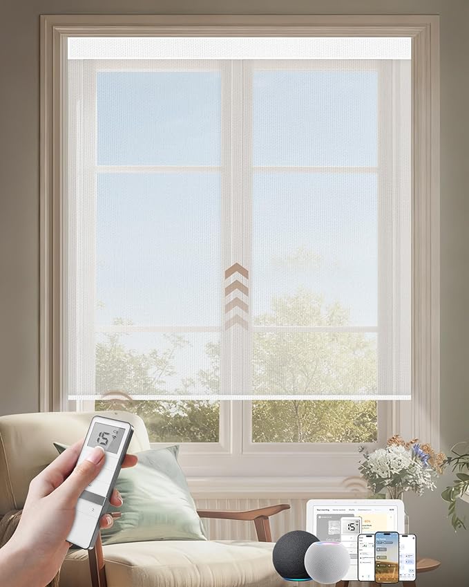 Kincmo Motorized Blinds with Remote, Light Filtering Roller Shades Work with Apple Homekit,Alexa,Google Home, Custom Electric Blinds with App,Voice Control (50% Blackout Sheer White)