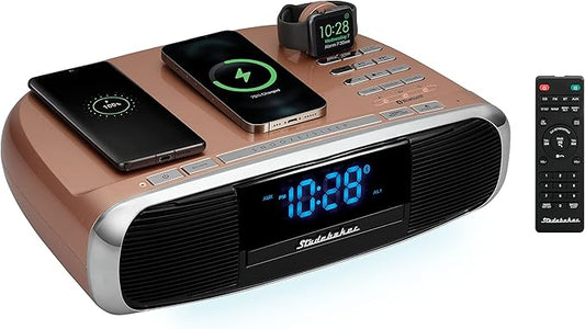 Studebaker Workstaton HiFi Music System with Bluetooth, FM Radio, CD, and Qi Wireless Charging Station (Rose Gold)