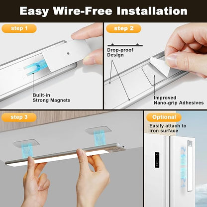 BLS 14.8inch Under Cabinet Lighting, LED Closet Lights, Motion Sensor Light Indoor, Battery Operated USB C Rechargeable, Dimmable Magnetic Night Light for Kitchen, 4 Sensor Mode, 3 Color (2 Pack)
