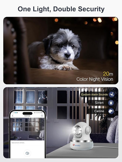 Ctronics 4K Security Camera Indoor, Dual-Band Wi-Fi, AI Human/Pet Detection with Auto Tracking, 20m Full-Color Night Vision, Sound & Light Alarm, 8 Preset Positions, App & PC