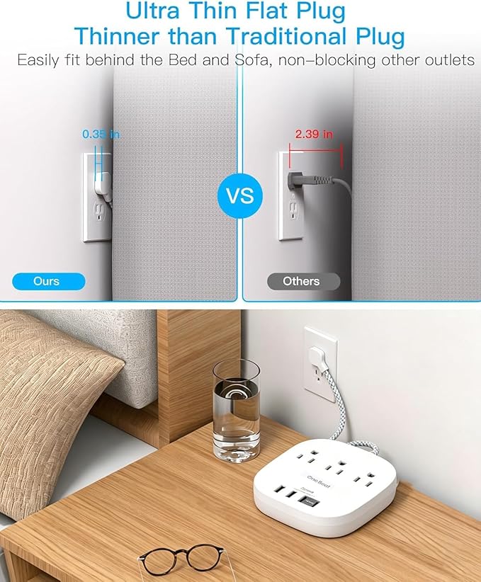 22.5W/4.5A Travel Power Strip with Surge Protector, 3 Outlets with 4 USB Ports (2 USB C), Flat Plug Extension Cord 6 Feet, Desktop USB Charging Station for Home, Office, College Dorm Essentials