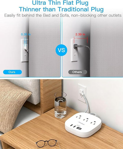 10 Ft Long Extension Cord, Cruise Ship Power Strip, 22.5W/4.5A Flat Plug Power Strip with 3 Oultets 4 USB(2 USB C) 10ft Power Strip No Surge Protection for Home Office College Dorm Room Essentials