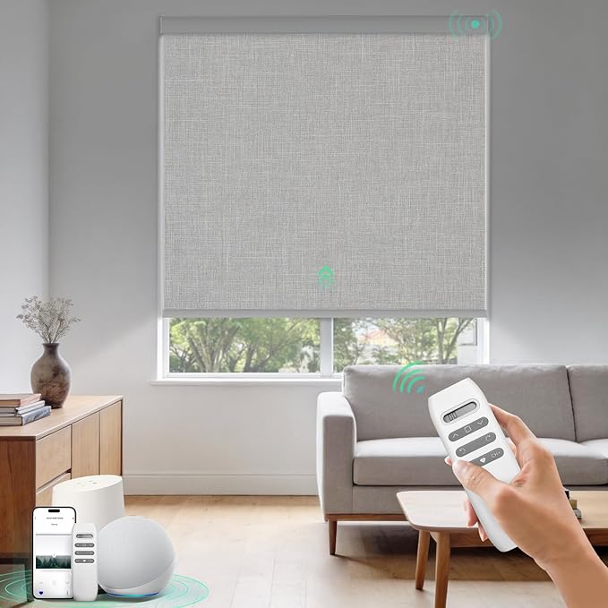 HeyBlinds Blackout Motorized Smart Blinds with Remote, Automatic Electric Shades for Windows (Breeze- Light Grey BO, 58" W x 72" H)