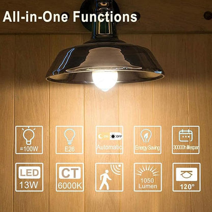 Motion Sensor LED Light Bulbs Outdoor, 13W(100W Equivalent) Dusk to Dawn Sensor Bulb PIR Infrared Motion Activated 5000K E26 A19 Auto On Security Bulb for Porch Stairs Hallway Garage Lighting 2 Pack
