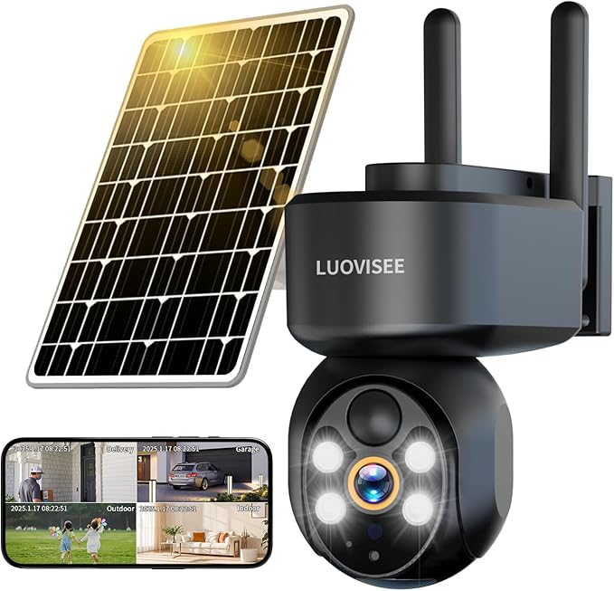 Luovisee 2K Solar Security Camera Wireless Outdoor,WiFi Cameras for Home Security Battery-Powered,Compatible with Alexa,360°PTZ Full Color Night Vision,PLR Alarm,2-Way Audio,Cloud/SD Storage