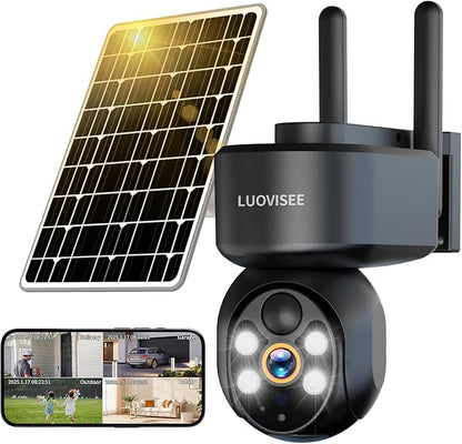 Luovisee 2K Solar Security Camera Wireless Outdoor,WiFi Cameras for Home Security Battery-Powered,Compatible with Alexa,360°PTZ Full Color Night Vision,PLR Alarm,2-Way Audio,Cloud/SD Storage