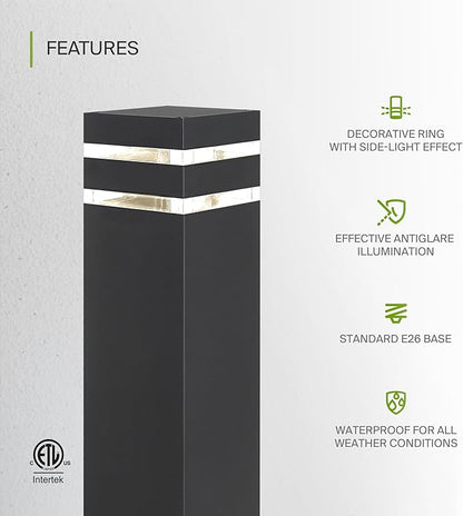 ASD 24" Square Bollard Light Fixture, Outdoor Pathway Floor Lamp | Antiglare, Waterproof, ETL Listed | 60W E26 Bulb Socket 120V | Landscape Hardwired Lighting, Exterior Post Lantern | Black, 4 Pack