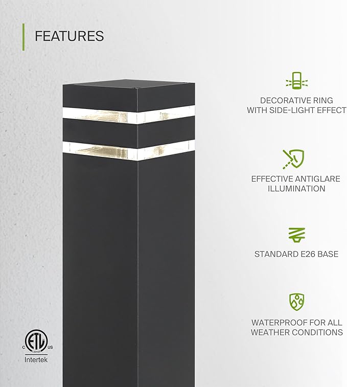 ASD 12" Square Bollard Light Fixture, Outdoor Pathway Floor Lamp | Antiglare, Waterproof, ETL Listed | 60W E26 Bulb Socket 120V | Landscape Hardwired Lighting, Exterior Post Lantern | Black