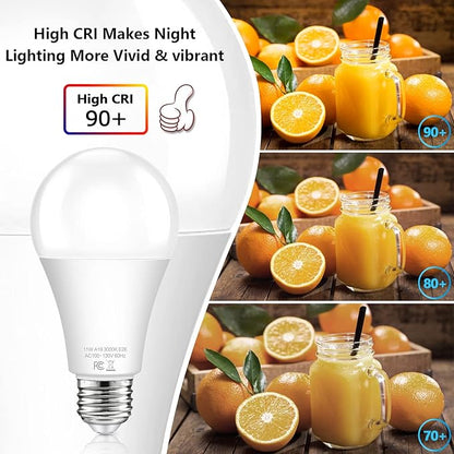 A19 Dusk to Dawn Sensor Light Bulbs Outdoor 100 Watt Equivalent, 11W Automatic On/Off LED Bulbs Warm White 3000K, 4-Pack 1200lumens Outdoor Smart Bulbs Photocell for Porch Garage Security, E26 Base