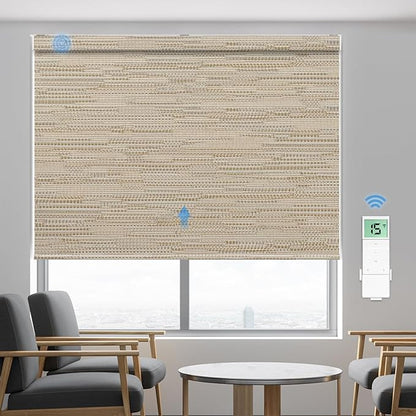 Tokblind Motorized Blackout Roller Shade Fabric Covered Valance and Bottom Rod, Remote Control Electric Window Blind Work with Alexa Google via Hub, Custom Size (Texture Dark Coffee - Wrapped Fabric)
