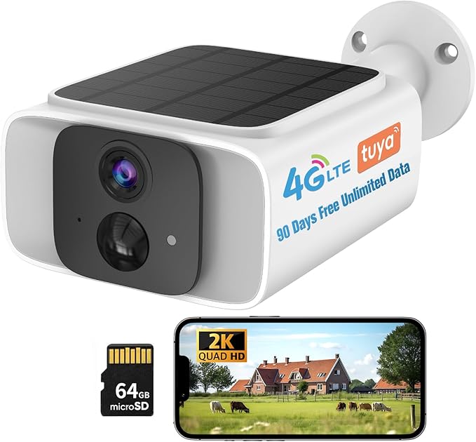 4G LTE Cellular Solar Security Camera Outdoor,90 Days Free Unlimited Data,Tuya Smart Camera,2K Outdoor Surveillance,Color Night Vision, AI PIR Motion Sensor,No WiFi Security Camera ,64GB Storage