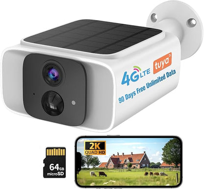 4G LTE Cellular Solar Security Camera Outdoor,90 Days Free Unlimited Data,Tuya Smart Camera,2K Outdoor Surveillance,Color Night Vision, AI PIR Motion Sensor,No WiFi Security Camera ,64GB Storage