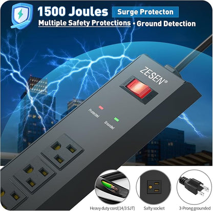 ZESEN 7 Outlet Metal Long Power Strip with Overload Protection & 1500J Surge Protection, 6ft Cord Wall Mounted Industrial Power Strip for Office Workshop Garage, ETL Listed(15A/1875W), Black