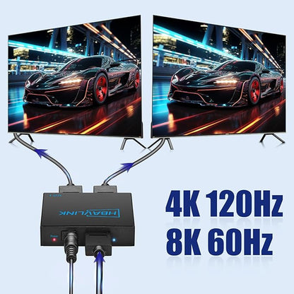 HDMI Splitter - HDCP, HDR, Dolby/DTS5.1/7.1 - Compatible with Firestick 4k Max, PS3/PS5 & Elgato HD60s/x/Pro, Apple TV 4K, Retrotink, Roku soundbar, NOT for Phone (HB-SP102B-8K)