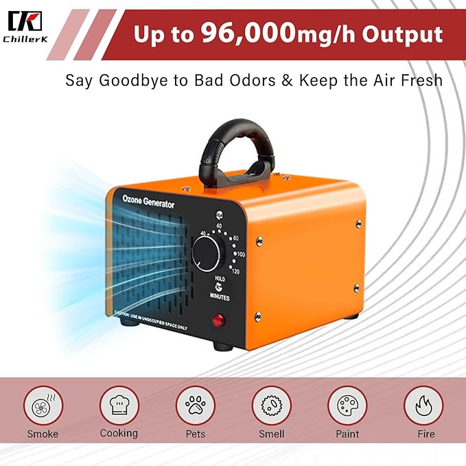 Ozone Generator 96,000mg, Commercial Ozone Machine Odor Removal, High Capacity O3 Ionizer Air Purifier Deodorizer, Portable Mini for Car, Home, Smoke, Pets, Industrial -Orange