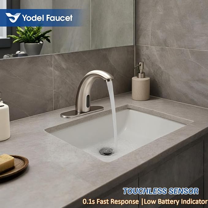 Touchless Bathroom Sink Faucet - Automatic Motion Sensor Restroom Toilet Faucet - Battery Operated for Commercial Lavatory, Brushed Nickel