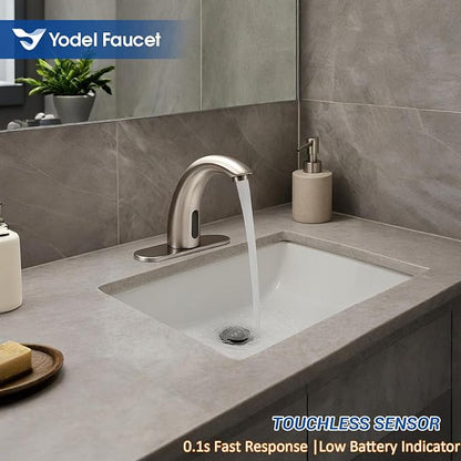 Touchless Bathroom Sink Faucet - Automatic Motion Sensor Restroom Toilet Faucet - Battery Operated for Commercial Lavatory, Brushed Nickel