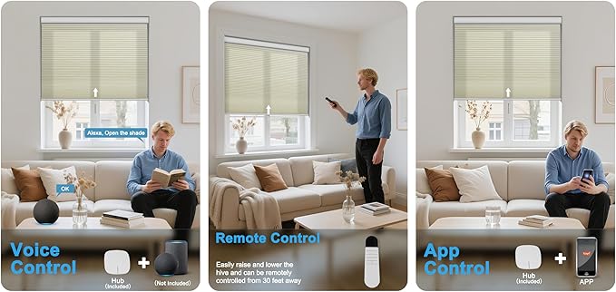 BERISSA Motorized Cellular Shades, Light Filtering Smart Honeycomb Blinds with Remote Control & Hub, Custom Room Darkening Automatic Cellular Window Blinds for Home Office, Living Room, Door,Beige