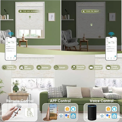 FineTell Motorized Blinds with Remote, 100% Blackout Roller Shades Compatible with Alexa,Apple Homekit,Google Home APP and Voice Control, Customized Electric Blinds (100% Blackout Linen White)
