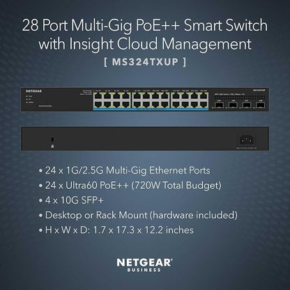 NETGEAR 28-Port PoE Multi-Gigabit Ethernet Smart Managed Switch (MS324TXUP) | With 24 x 2.5G Ultra60 PoE++ Ports @ 720W, 4 x 10G SFP+, Optional Insight Cloud Management, Desktop or Rack Mount
