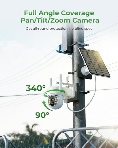 CAMCAMP 2K PTZ Wireless Solar Security Camera Outdoor for Solar Powered Home Security Camera Wireless System, No WiFi Need, Color Night Vision PIR Motion Detection App Alert 2-Way Talk IP66 Waterproof
