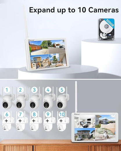 Jennov 5MP Wireless Security Camera System with Monitor, 4 Outlet-Powered Cameras, 10CH NVR Kit with 500GB HDD, Night Vision, Motion Detection, IP66, No Subscription, Home Surveillance Indoor Outdoor