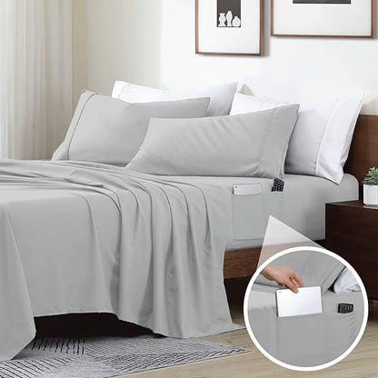 Swift Home Smart Sheets, Ultra Soft Brushed Microfiber 3-Piece Sheet Set, Fitted Bed Sheet with Side Storage Pockets – Silver, Twin XL