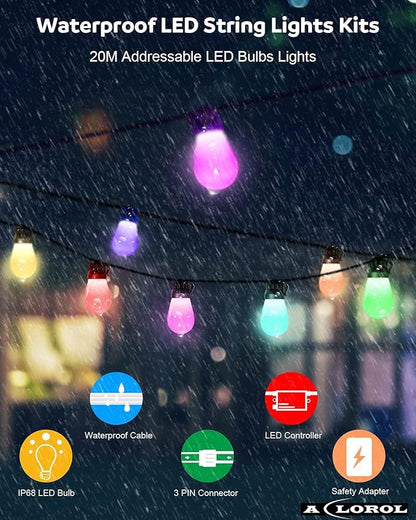 Aclorol 62FT Outdoor String Lights Globe Patio LED String Light Multi-Color Smart LED Bulbs Color Changing Music Sync Waterproof Outside Hanging Lights for Backyard Party Porch Cafe Garden Bar Decor