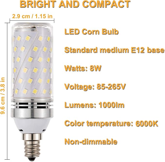 RAYHOO Candelabra LED Bulbs Incandescent 80-100W Bulb Equivalent, Standard Medium E12 Base,1000Lumens Non-Dimmable,4 Pack(White 6000K)