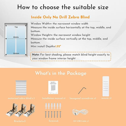 Persilux No Drill Motorized Zebra Blinds with Remote, Automatic 65% Blackout Smart Zebra Shades, Dual Layer Privacy, Linen Fabric, Straw, RS2255-8