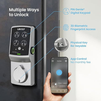 Lockly Secure Pro Smart Deadbolt Lock — Fingerprint Keyless Entry, PIN Genie® Patented Keypad, up to 99 Fingerprints, up to 33 Access Codes, Wi-Fi Hub Included, ANSI Grade 1, Alexa & Google Compatible