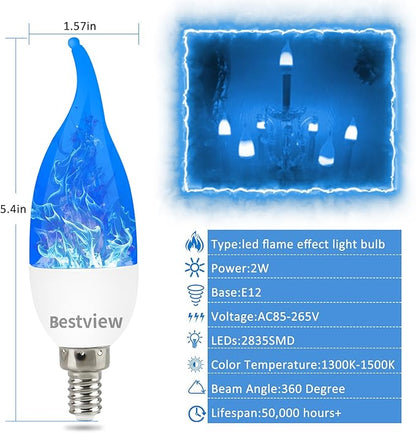 Bestview LED Flame Effect Light Bulbs,3 Modes Flickering Light Bulbs, Smart E12 Chandelier Base Candle Fire Light Bulb for Halloween, Christmas,Party, Porch Indoor&Outdoor Decoration -6 Pack(Blue)