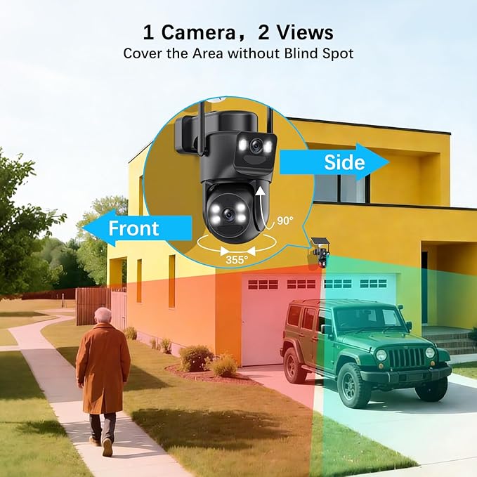 4K Solar Security Cameras Wireless Outdoor with Dual Lens, 4 Cam Kit, No Subscription Fee, Home Security System with Color Night Vision, 2.4/5GHz WiFi, Auto Tracking, Motion Detection,32GB Memory Card
