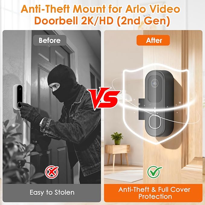 Anti-Theft Doorbell Mount for Arlo Video Doorbell 2K (2nd Gen), Arlo Camera Mount Easy No-Drill Mounting Bracket, Weatherproof Protection for Arlo Doorbell Camera, Ideal for Homes Apartments Rentals