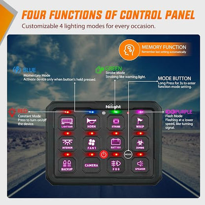 Nilight 12 Gang Switch Panel APP RGB 12V 24V Circuit Control System 4-Mode | Fuse Wiring Harness Automatic Dimmable LED Pod Toggle/Momentary/Strobe/Flash Modes for Car Pickup Truck Camper SUV