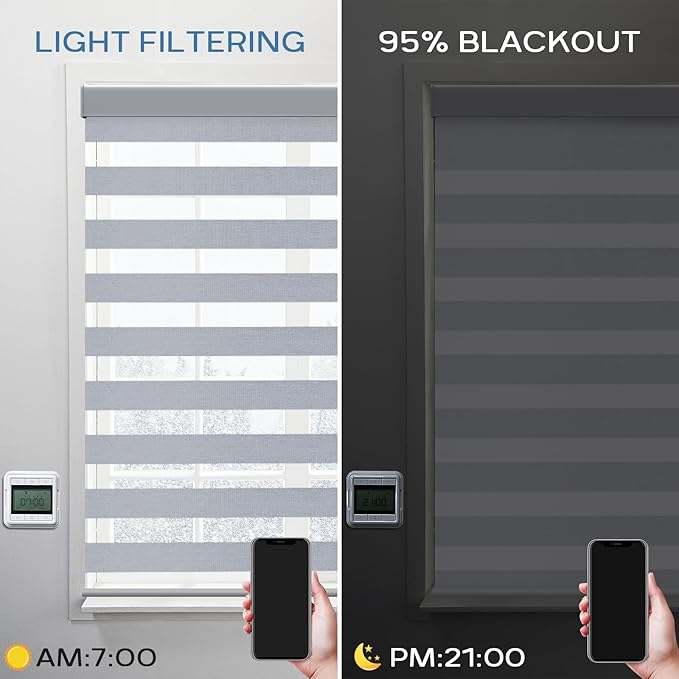 Motorized Zebra Blinds Compatible with Alexa Smart Dual Layer Shades with Control Remote Roller Blinds Automatic Shades for Smart Home and Office Customized Size (95% Shading - Luxury Grey)