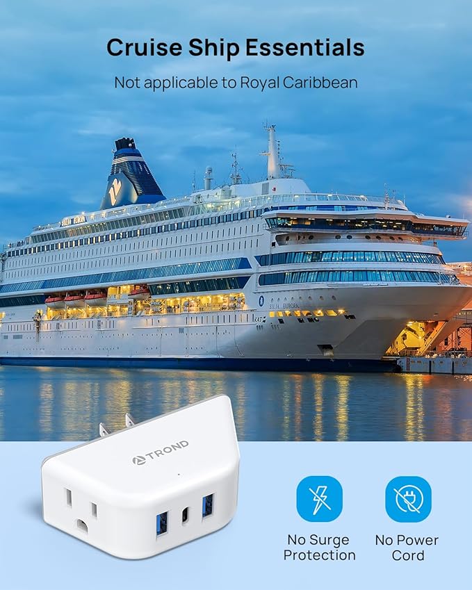 TROND Outlet Extender with USB, 2 AC Sockets and 3 USB Ports | 3-Side Design Wall Plug Adapter, Cruise Essentials, Plug Extension Outlet for Travel Home Office, White