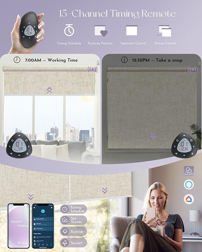Graywind Motorized Shades 100% Blackout Work with Alexa Google WiFi Hardwired Smart Roller Shade Remote Control Automated Window Blinds with Valance, Customized Size (B-Linen Beige)