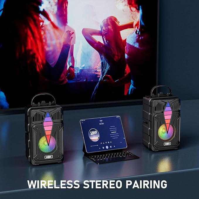 Dnil Portable Speaker with Voice Control, RGB Multi-Color Rhythm Light, Support TWS Pairing, Support USB/TF/FM/AUX Connection, Suitable for Home Party or Outdoor Use (Black)