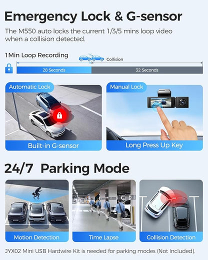 AZDOME M550 3CH Dash Cam 4K - 3.19" Screen IR Night Vision - 24H Parking Mode - 3-Channel Dash Cam - Interior IR Camera - Built-in GPS & WiFi - Three-Mode Parking Monitor