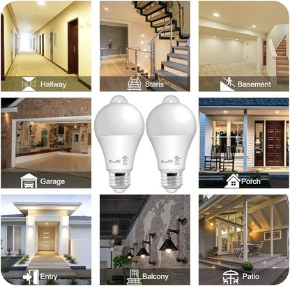 AmeriTop Motion Sensor Light Bulb- 2 Pack, 10W(60W Equivalent) 806lm Motion Activated Dusk to Dawn Security LED Bulb; UL Listed, A19, E26, Auto On/Off Indoor Outdoor Lighting (2700K Soft White)