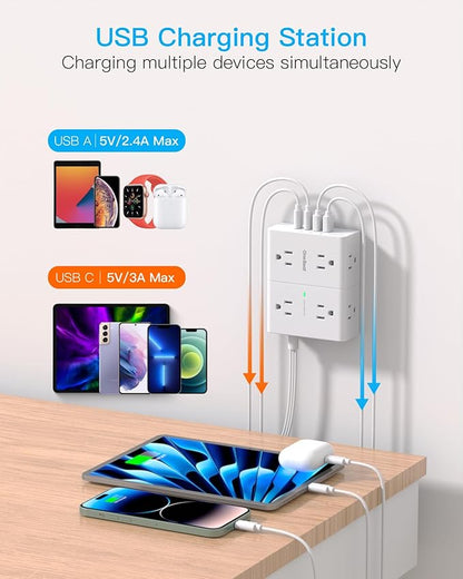 Extension Cord 15 Ft, Flat Plug Surge Protector Power Strip 15ft Long Cord with 8 Outlets and 4 USB Ports(2 USB C), 15 Feet Extension Cord with Multiple Outlets for Home Office, College Dorm Room