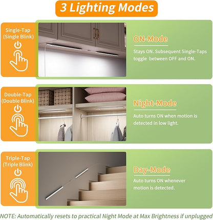 14" Slim USB Plug-in LED Motion Sensor Light Indoor, Bright & Dimmable Under Cabinet Light - 3 Modes (ON/Night/Day) for Kitchen, Cabinet, Closet - 6000K Cool White, 1 Pack (2 Linkable)