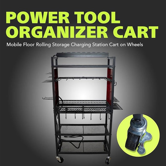 Pearington Power Tool Cart with Battery Charging Station, 8 Outlet Power Strip, Garage Mobile Workbench for Mechanic, Workshop